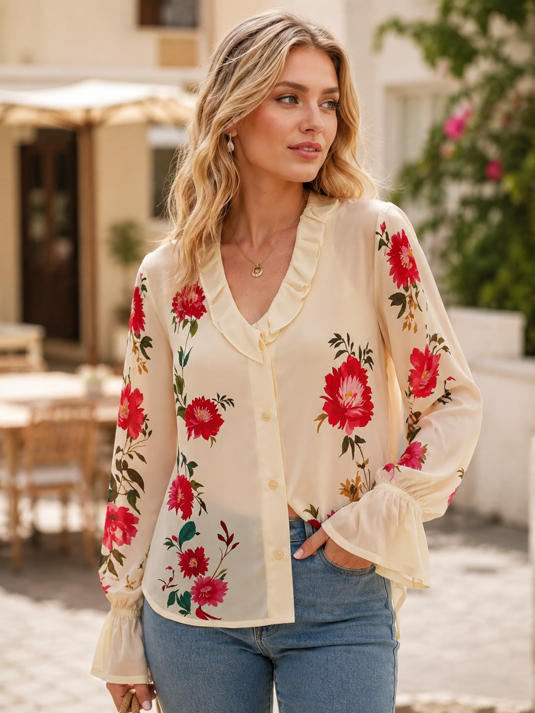 Cream Floral Ruffle-Collar Bishop Sleeve Blouse