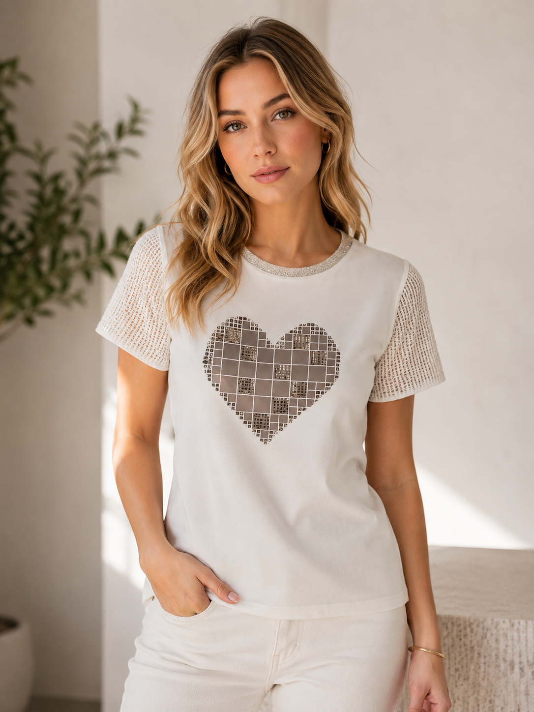 Sequin Heart Graphic Tee with Sparkle Sleeves