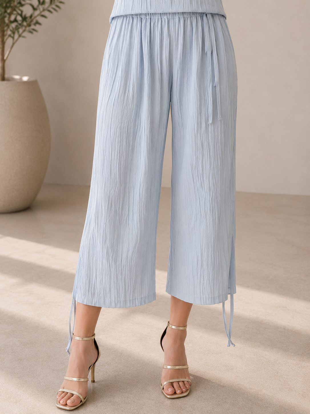 Sage Grey Crinkle Pleated Wide-Leg Culottes