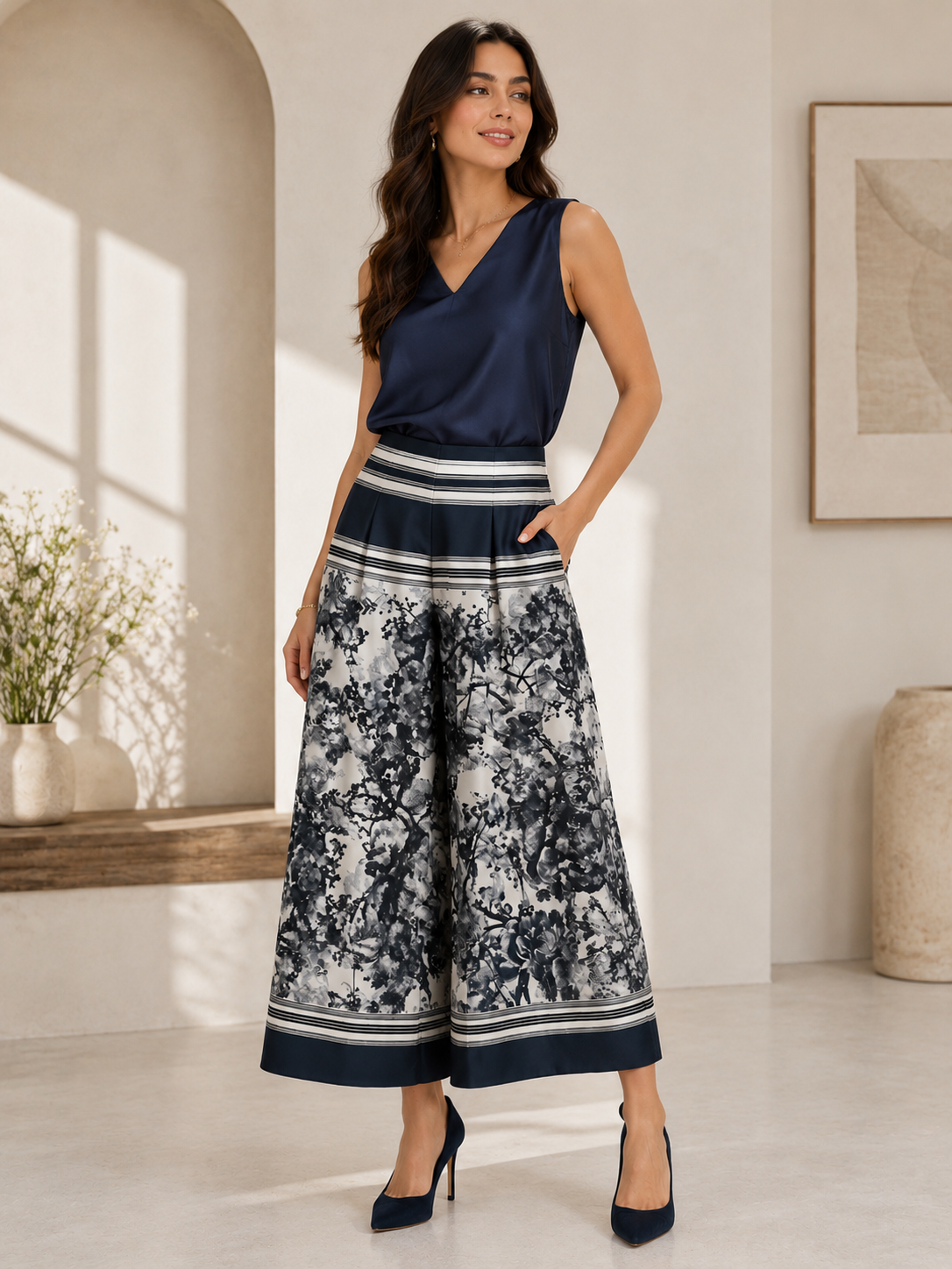 Navy Floral Toile Wide-Leg Culottes