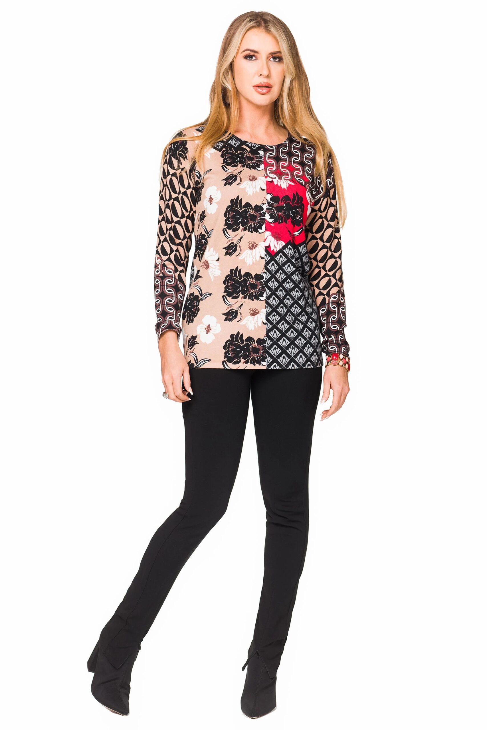 Black Tan Floral Geo Print Top
