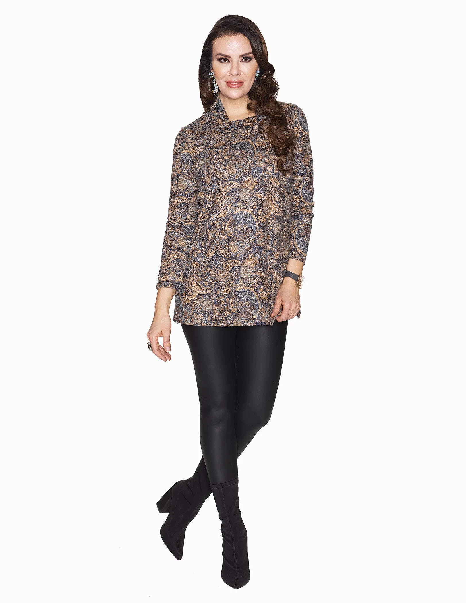 Brown Paisley Cowl Neck Tunic