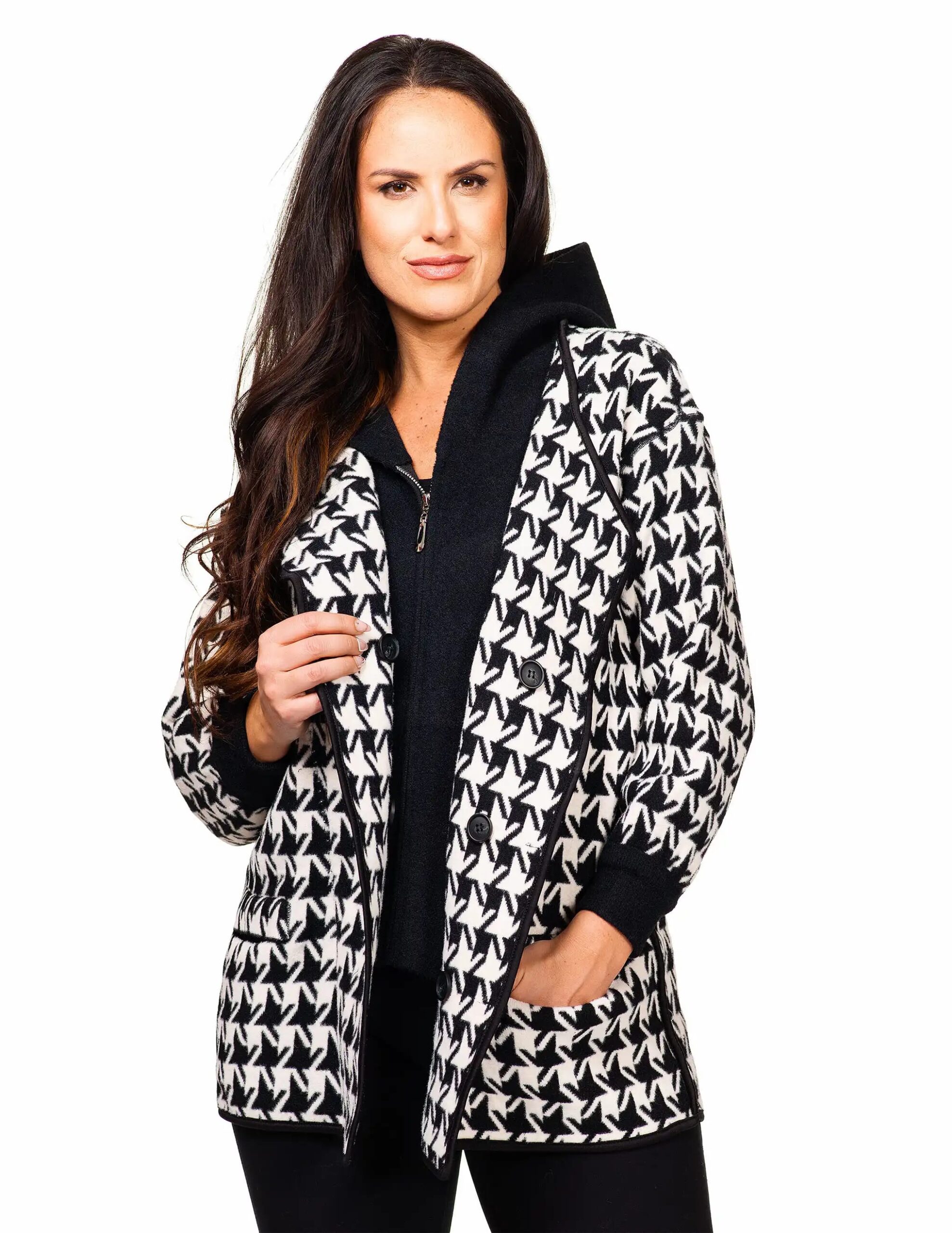 Black White Houndstooth Hooded Coat