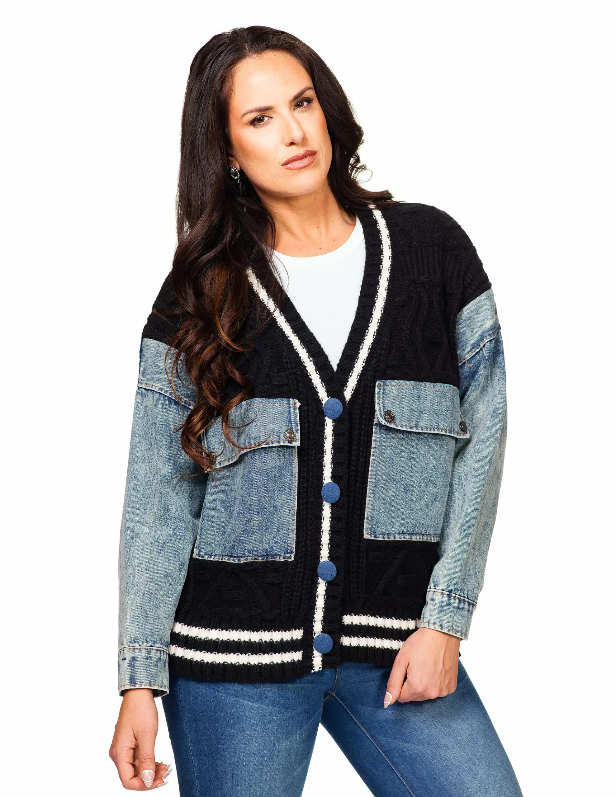 Black Cable Knit Denim Sleeve Cardigan