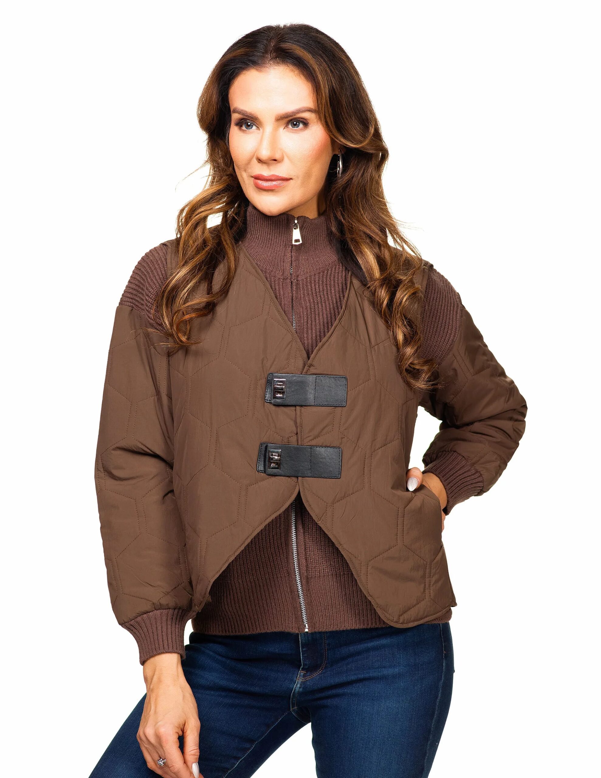 Brown Quilted Vest and Sweater Set