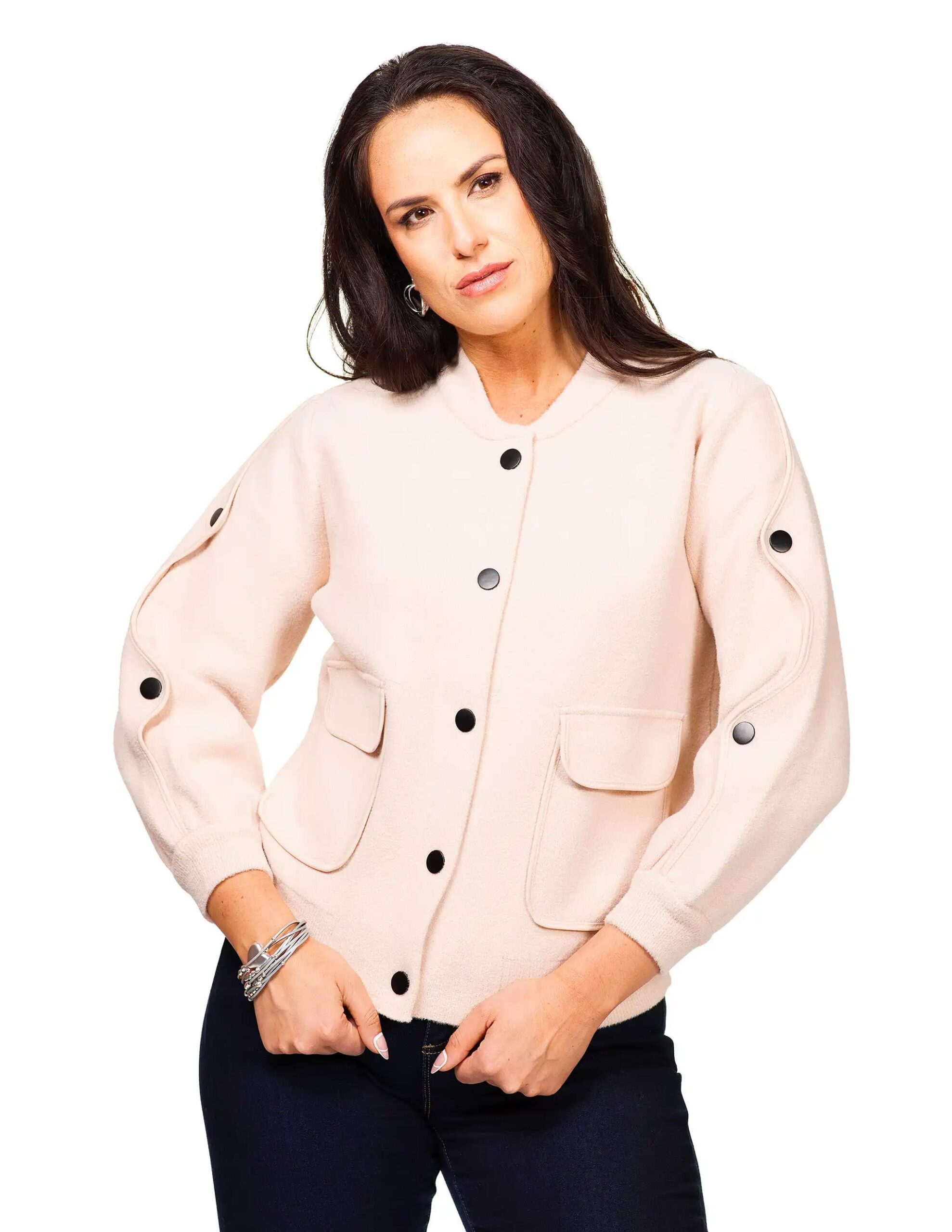Blush Wool Snap Sleeve Bomber Jacket