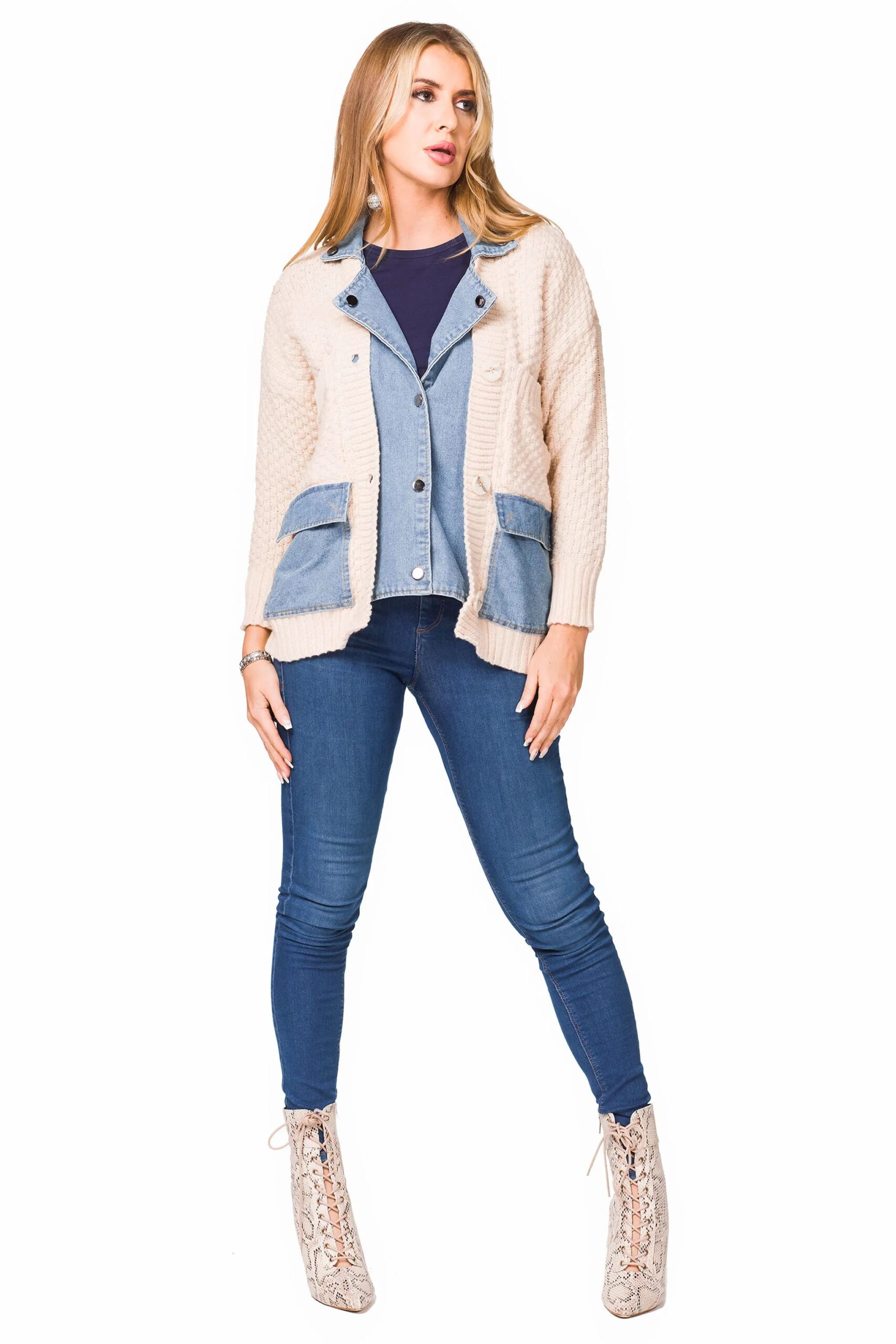 Ivory Cable Knit Denim Trim Cardigan