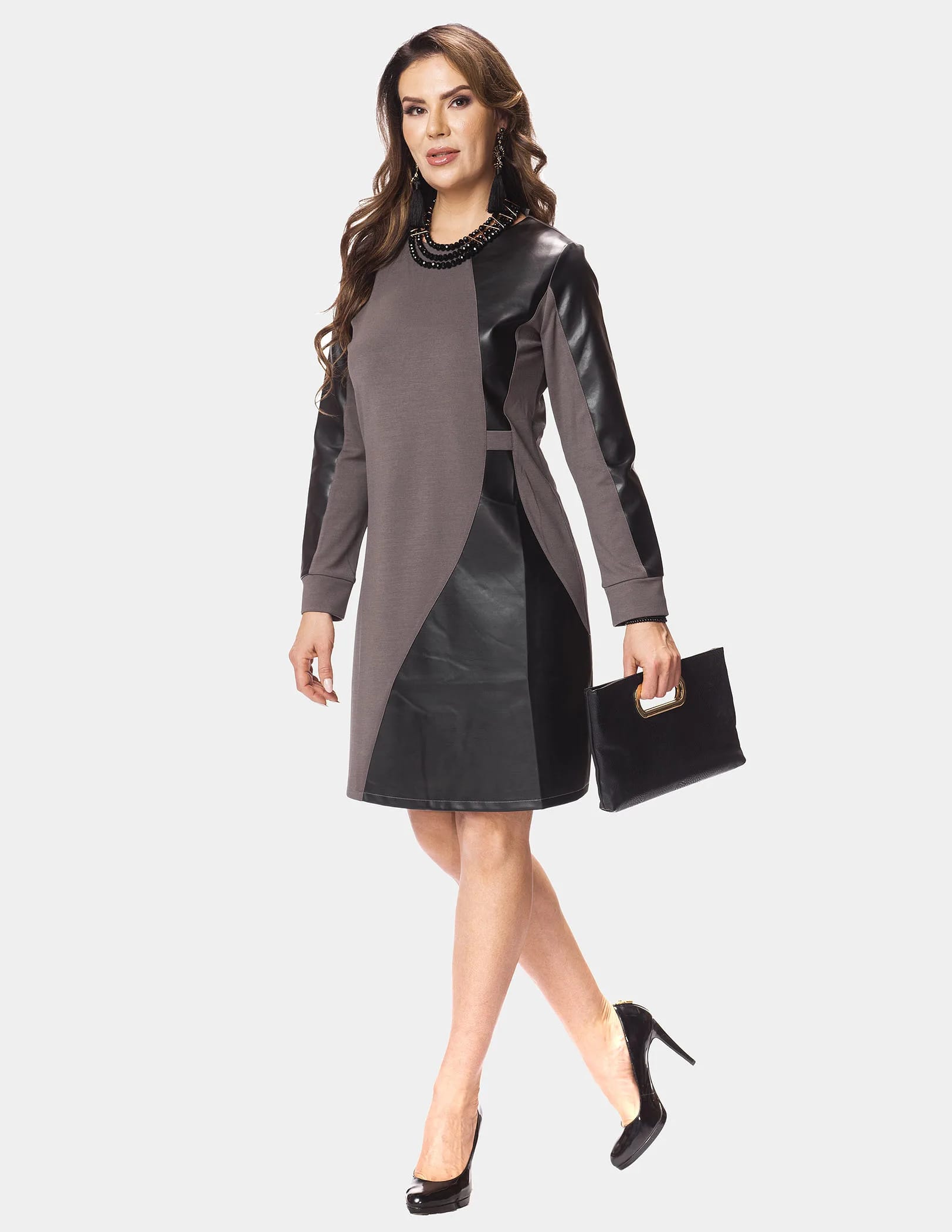 Taupe Black Colorblock Faux Leather Dress