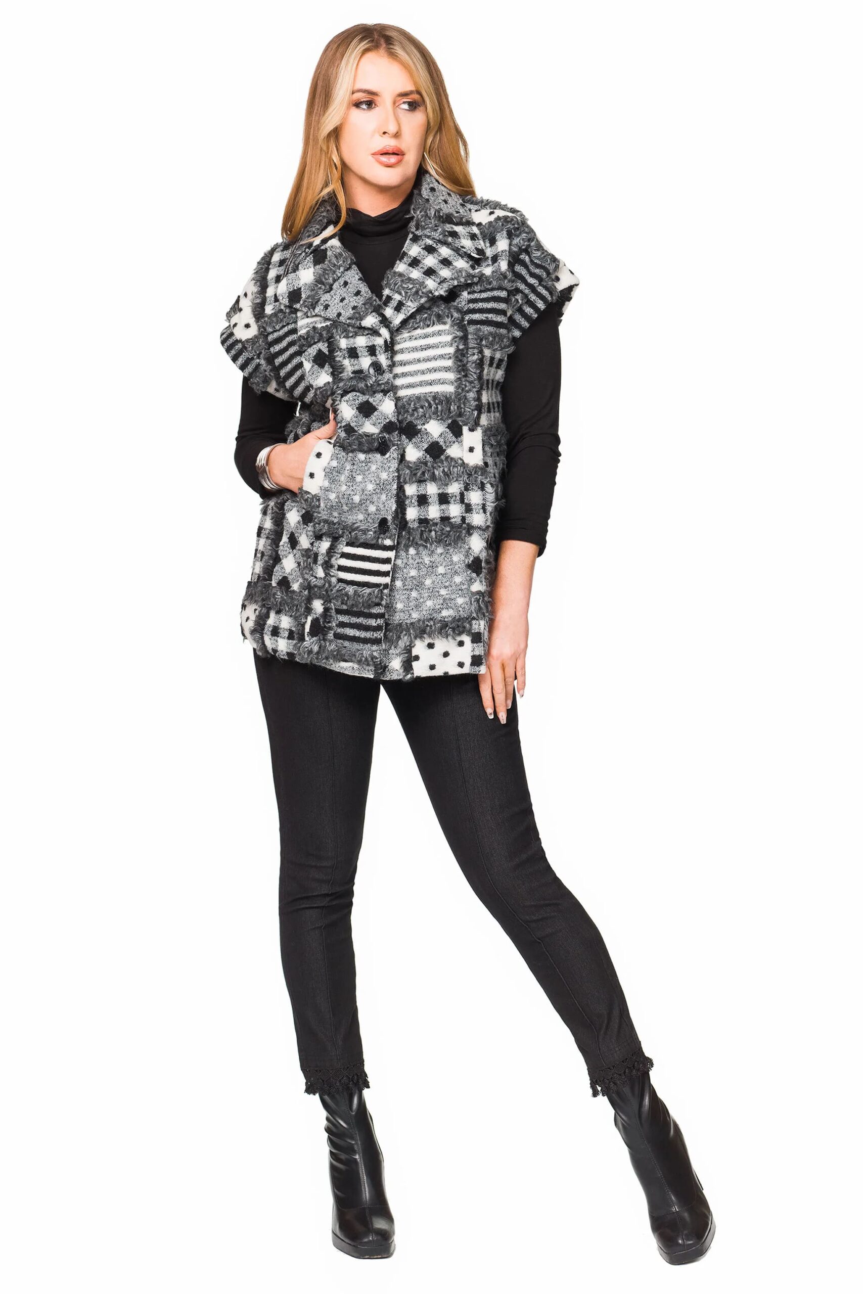 Black White Patchwork Faux Fur Trim Vest