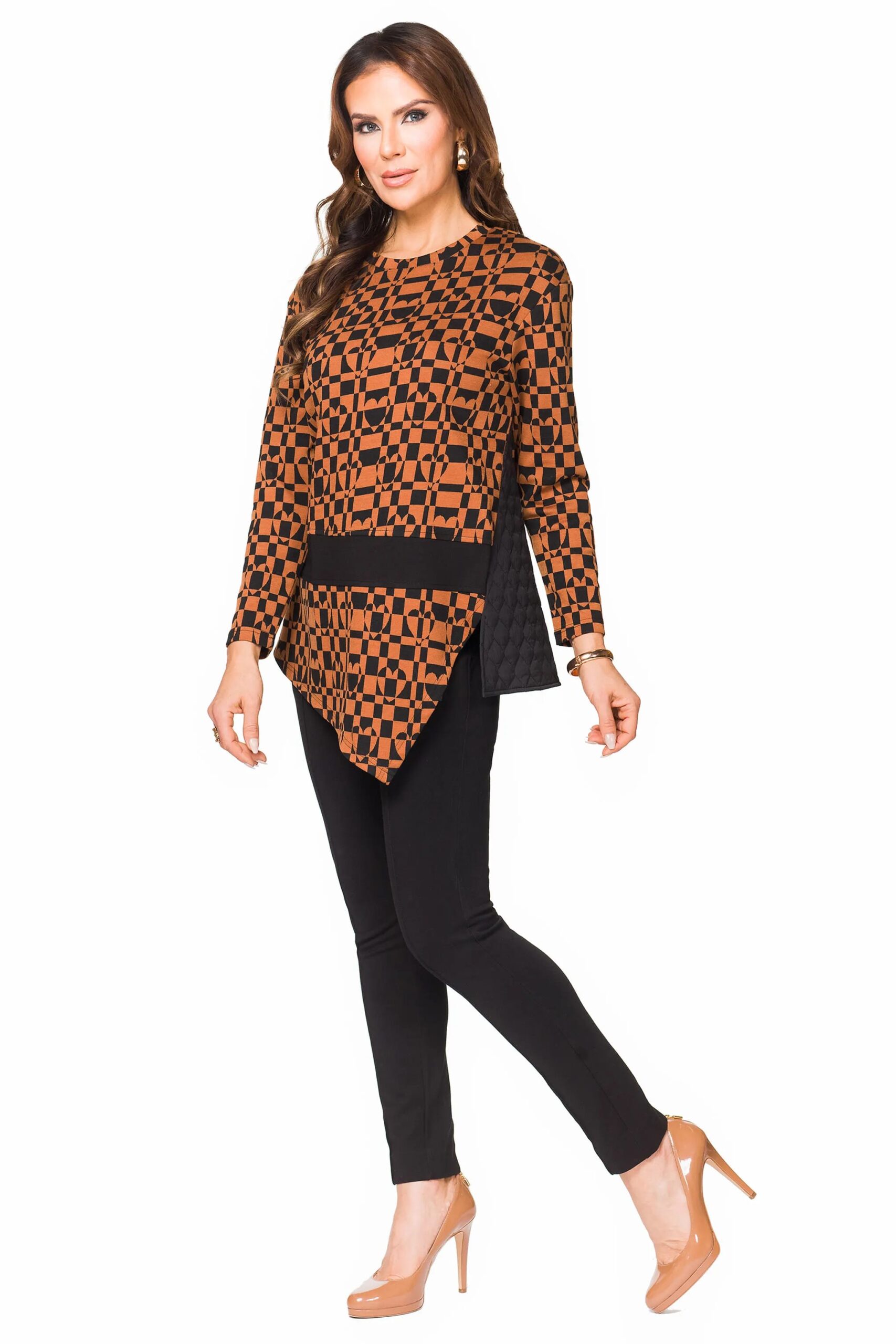 Camel Black Checkerboard Asymmetric Tunic