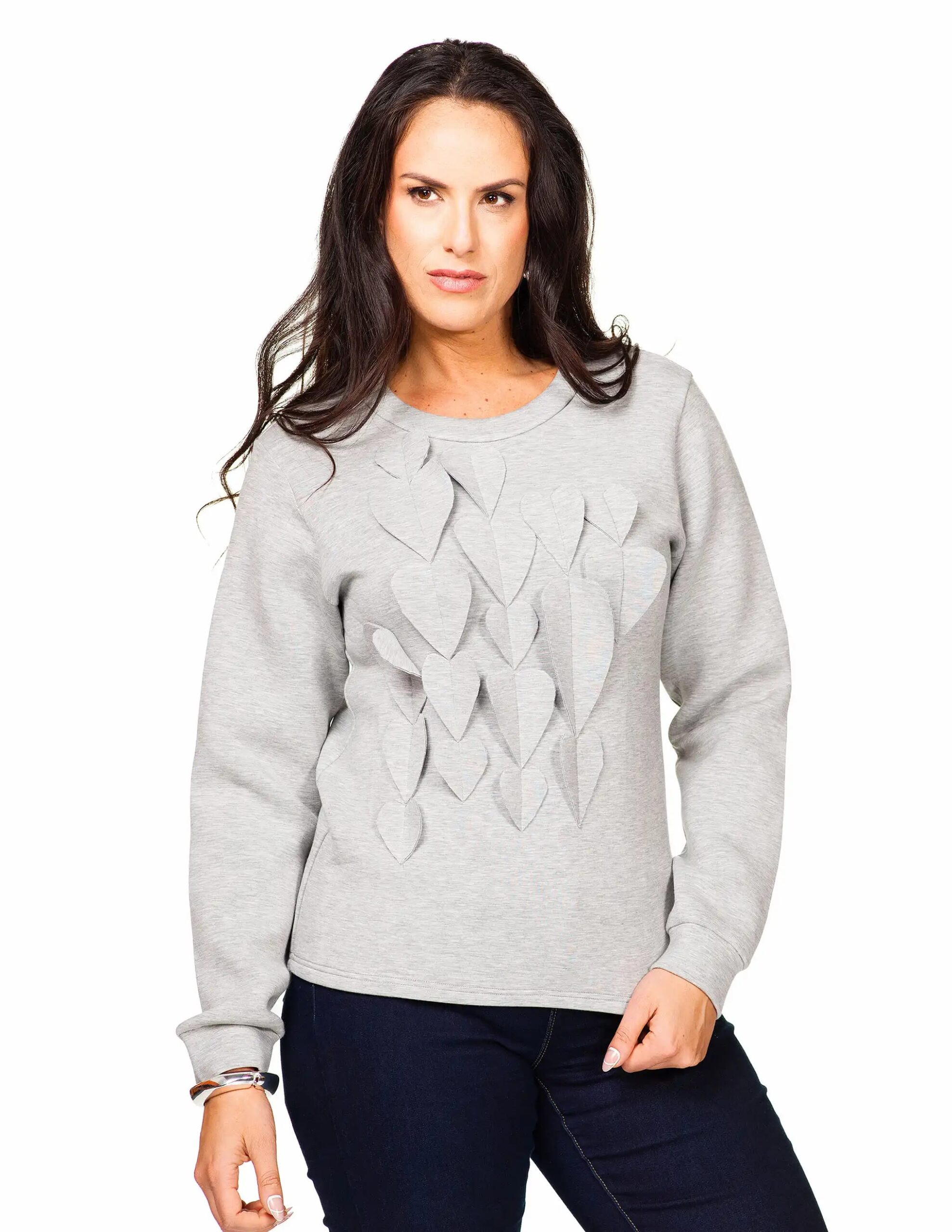 Heather Grey Leaf Appliqué Crew Sweater
