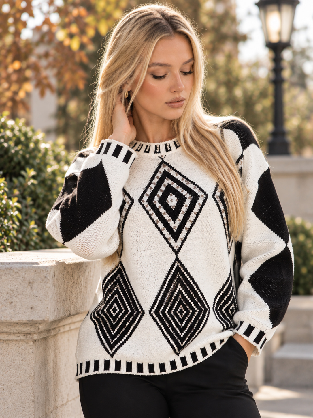 Ivory Black Diamond Print Crew Sweater blank