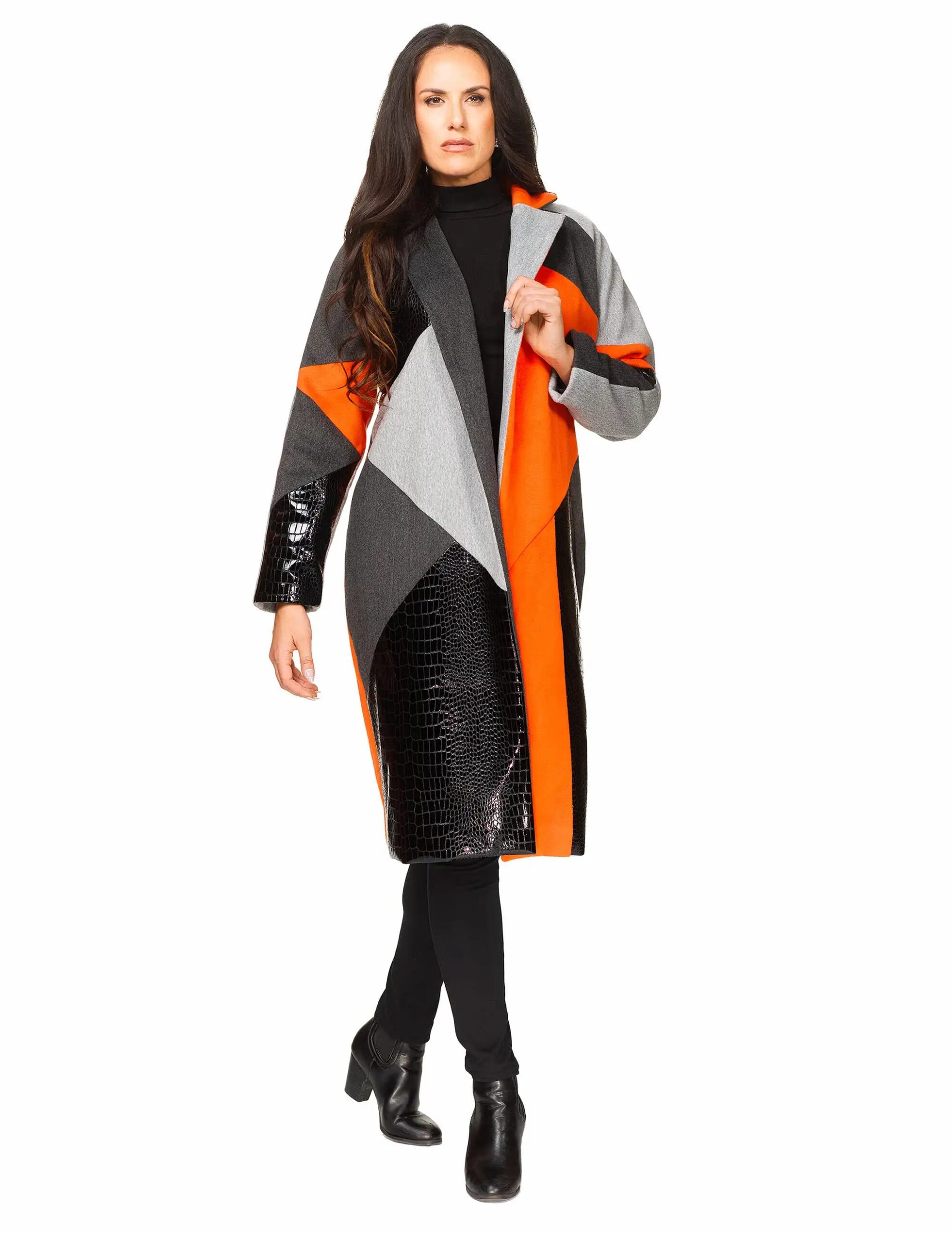 Colorblock Wool Croc Panel Coat