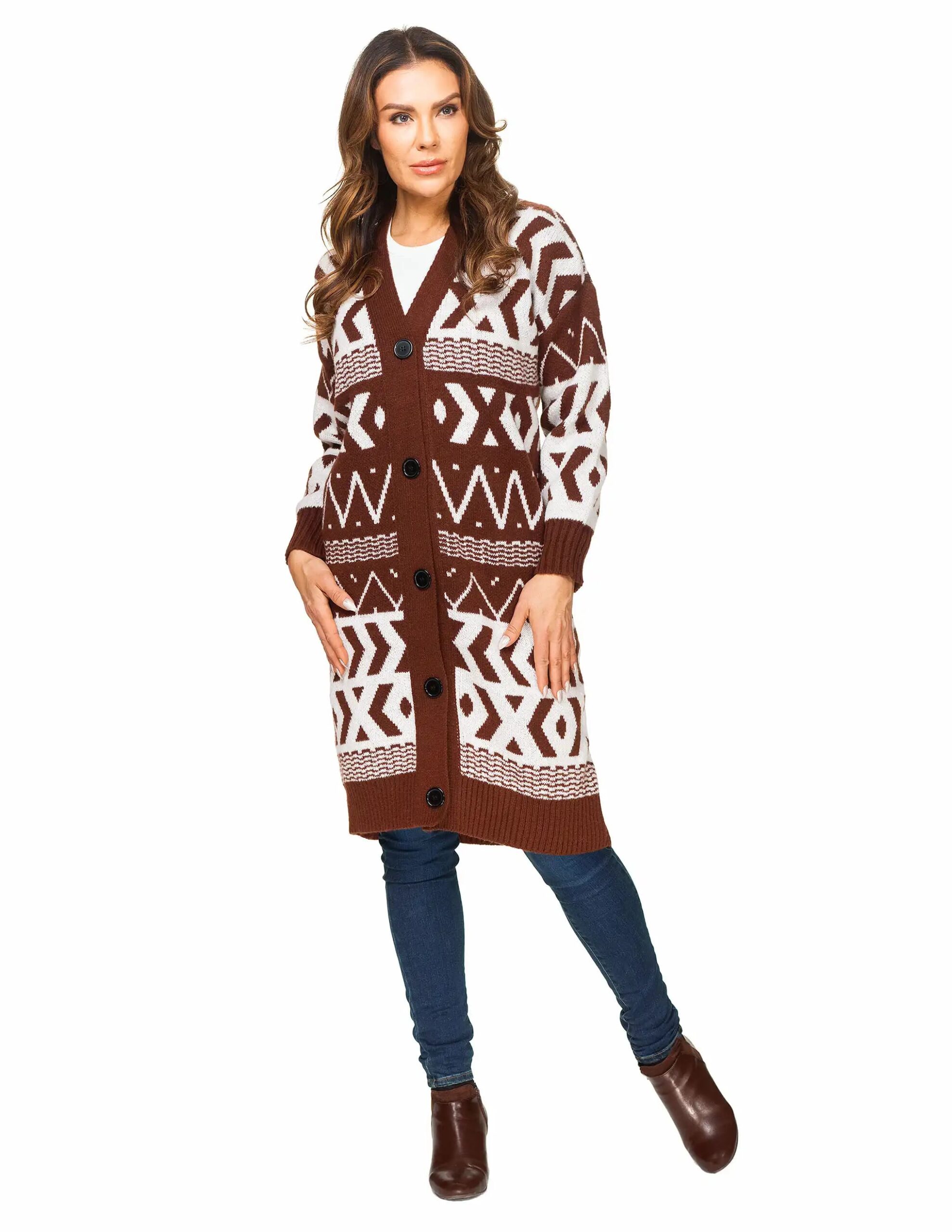 Brown Ivory Aztec Print Long Cardigan