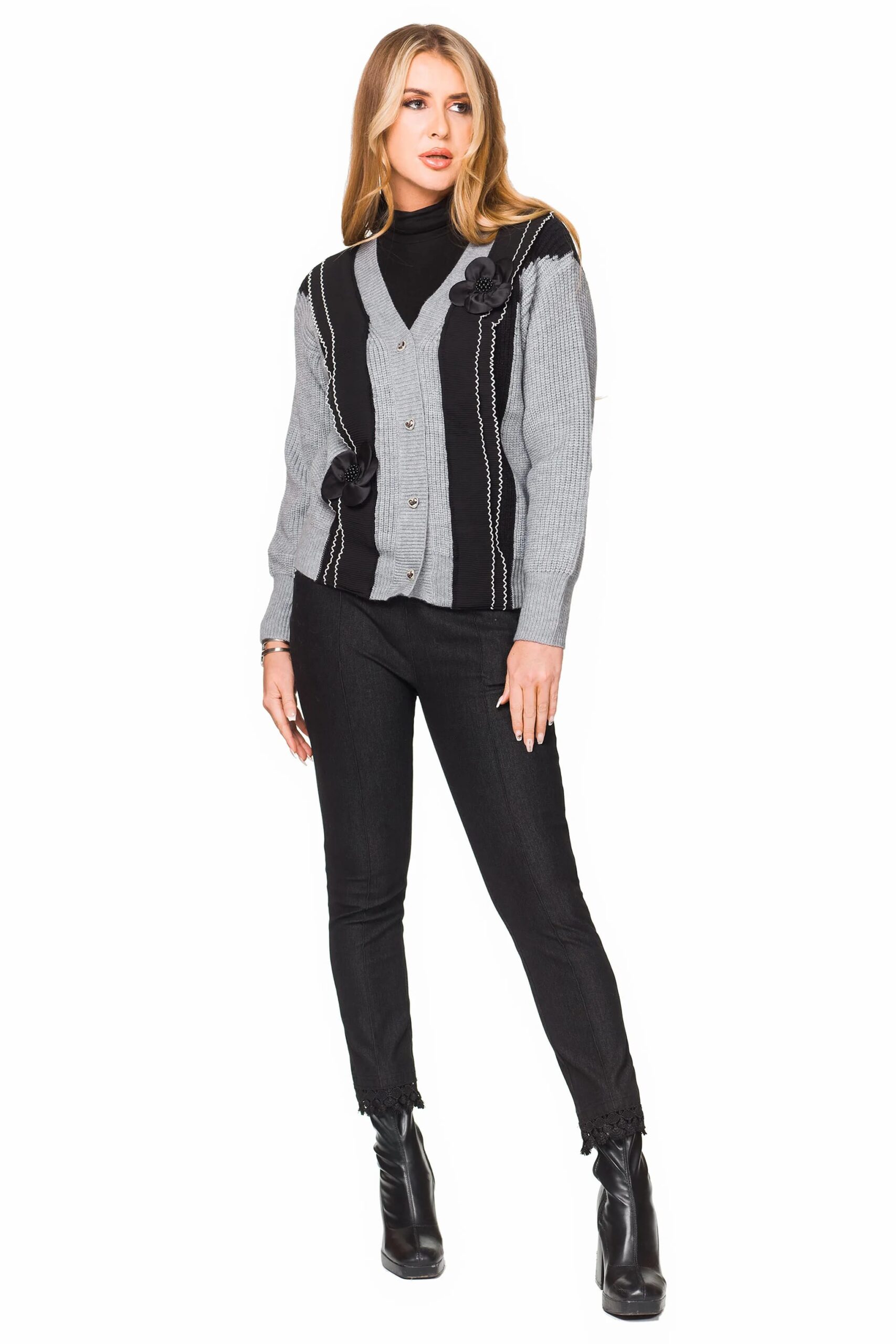 Grey Black Stripe Rosette Cardigan