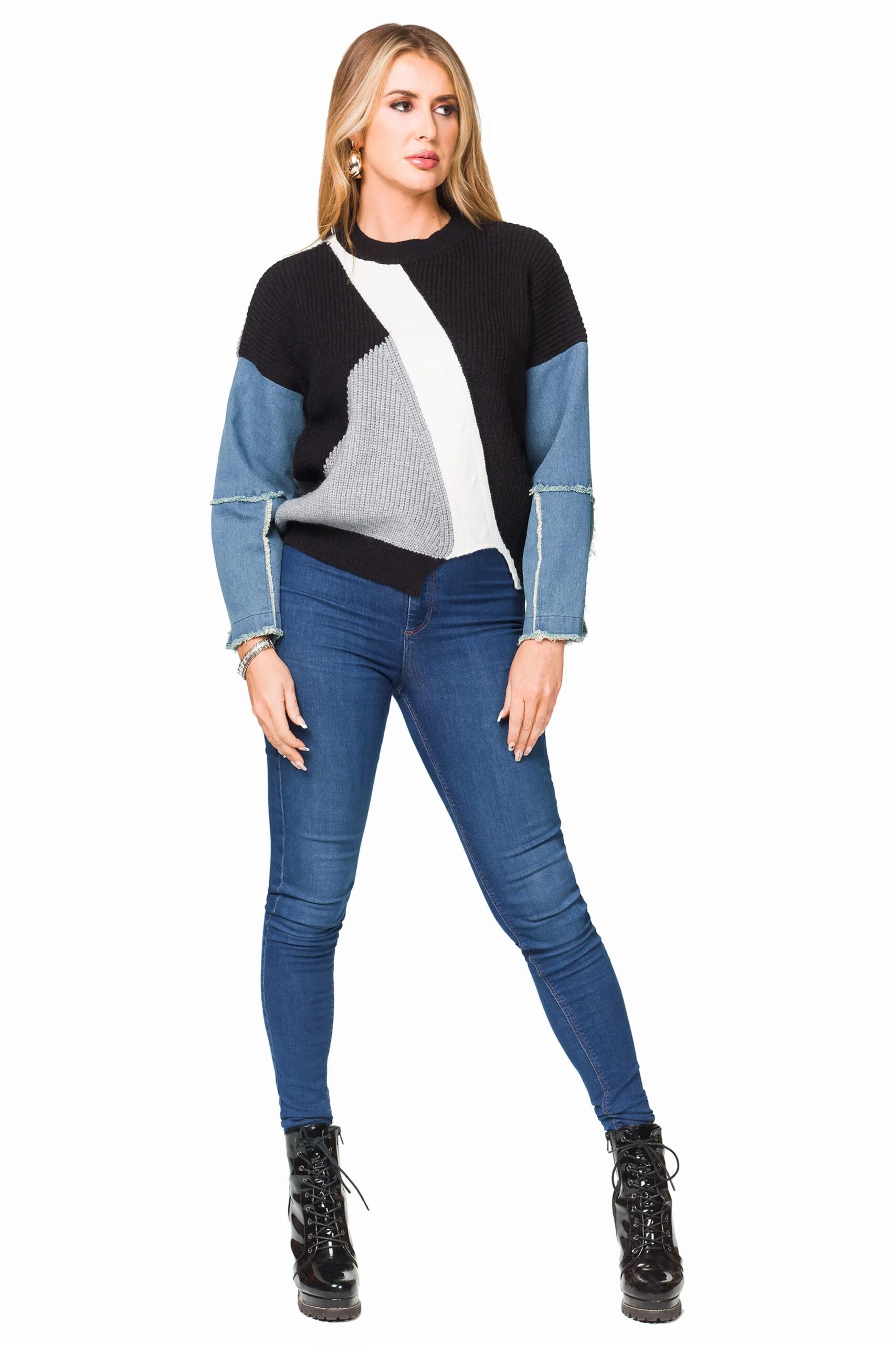 Colorblock Denim Sleeve Crew Sweater