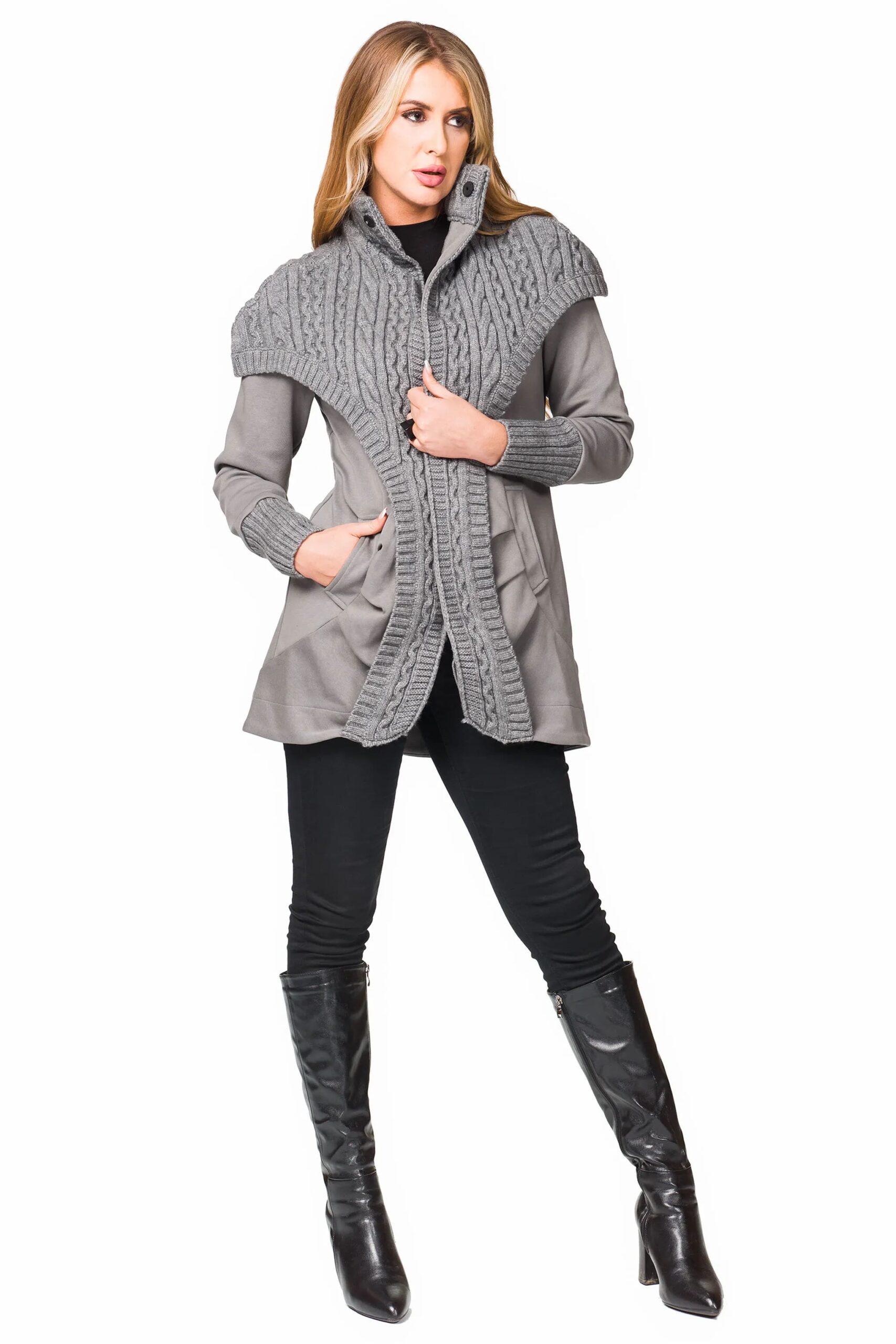 Grey Cable Knit Trim Swing Jacket