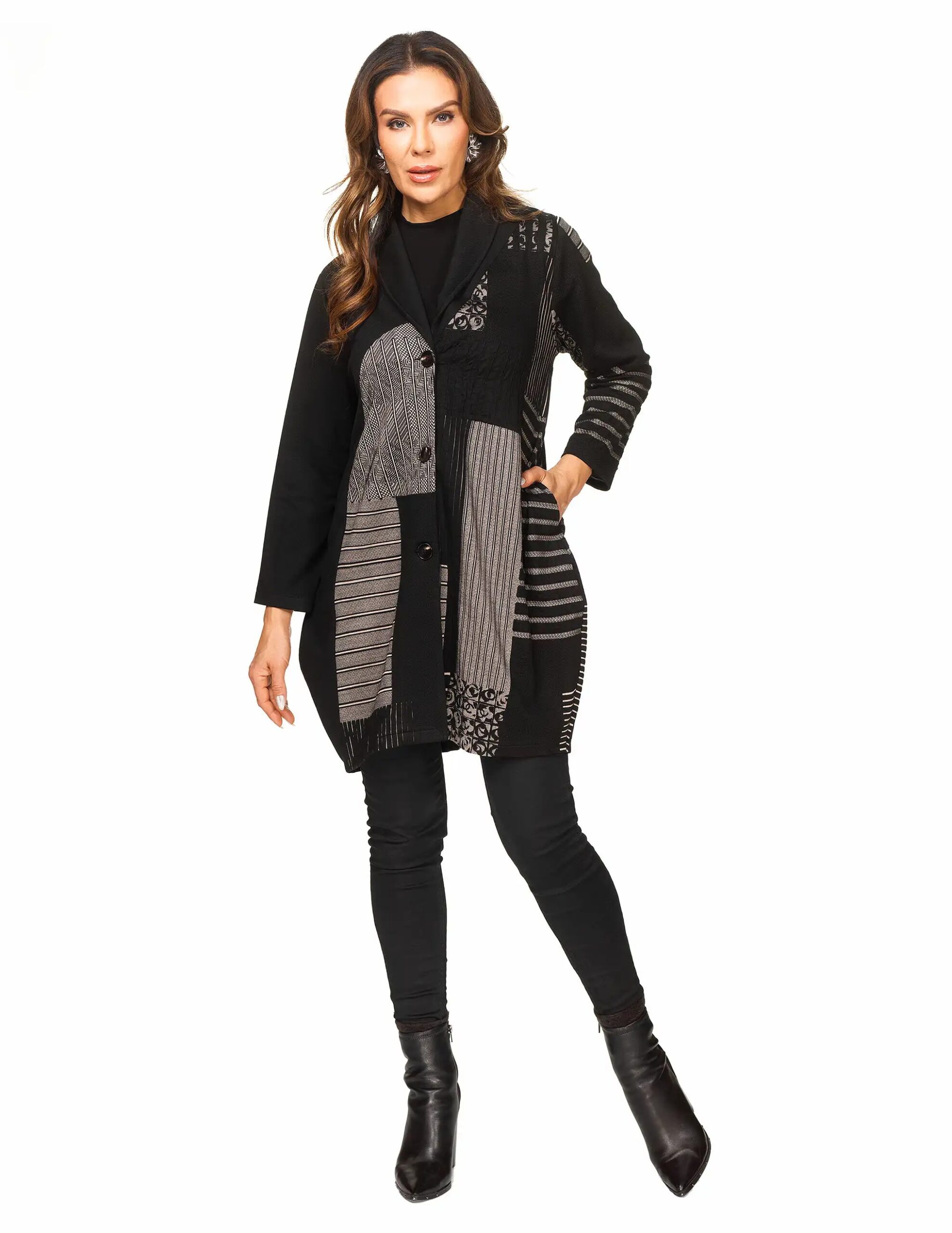 Black Jacquard Patchwork Longline Coat