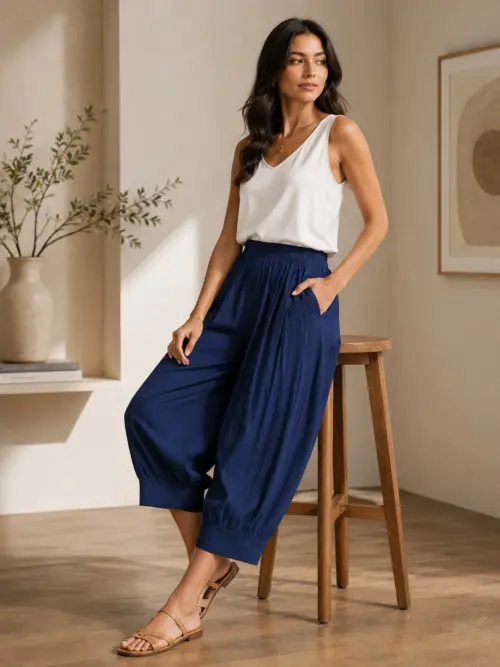 Indigo Crinkle Wide-Leg Jogger Pants
