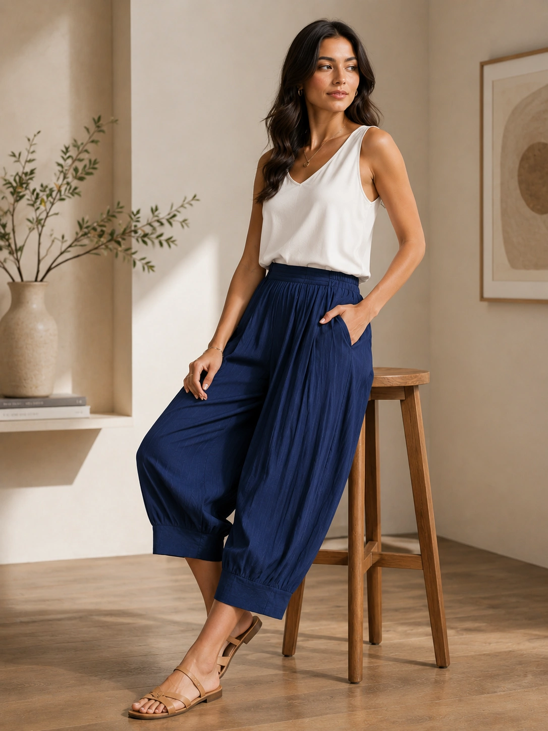 Indigo Crinkle Wide-Leg Jogger Pants