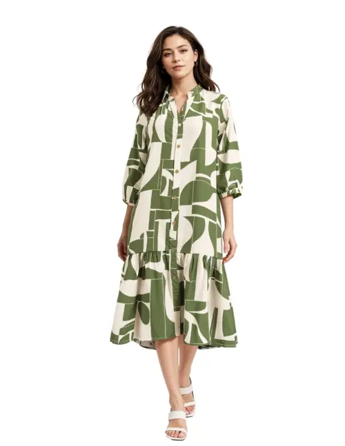 Geometric Print Tiered Ruffle Shirt Dress