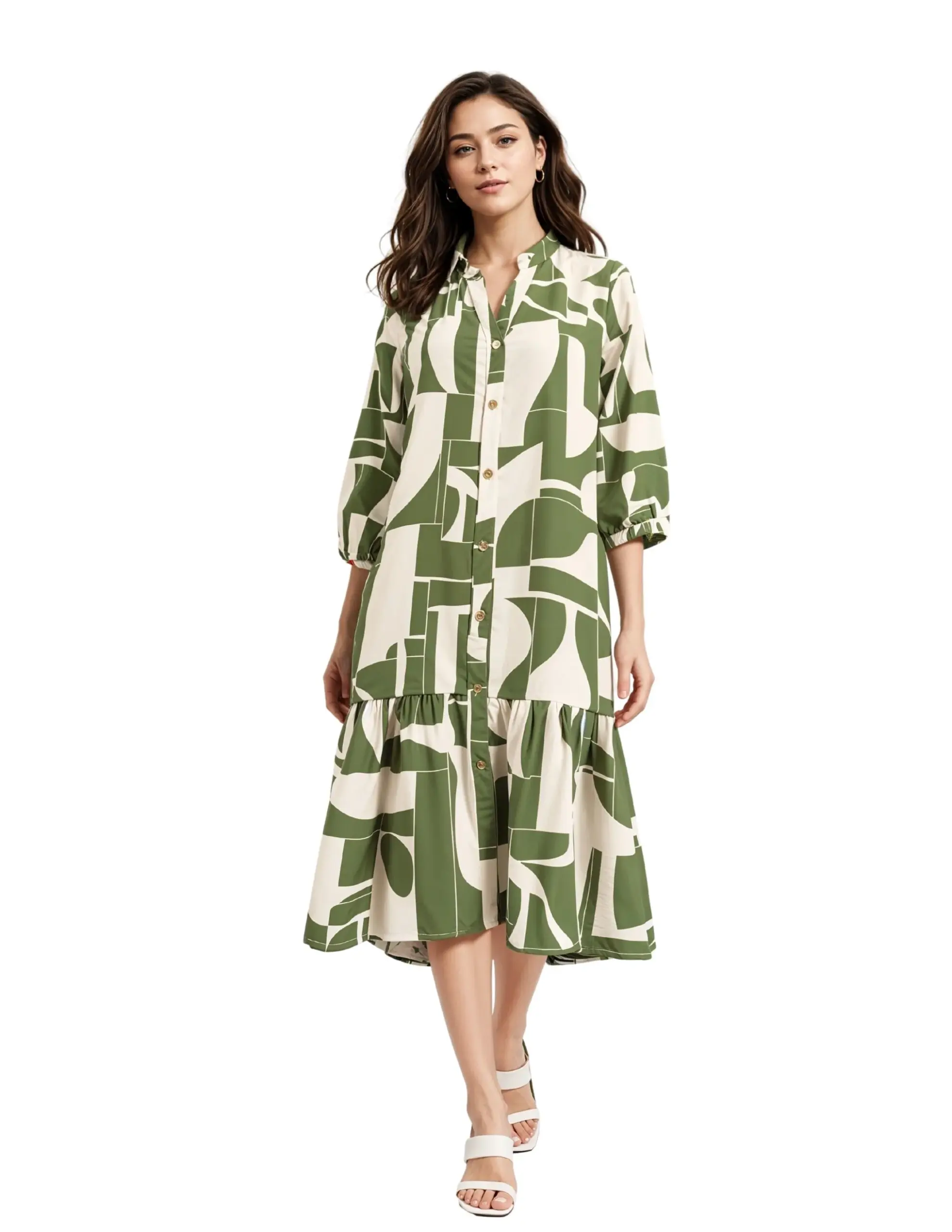 Geometric Print Tiered Ruffle Shirt Dress