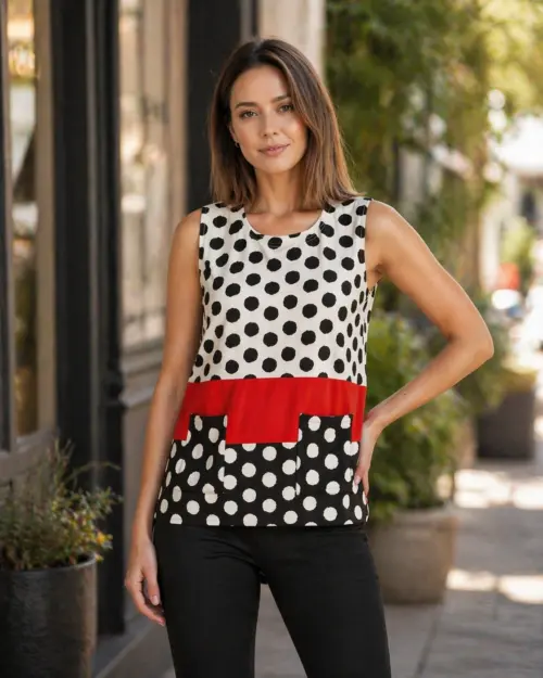 Colorblock Polka Dot Sleeveless Top with Pockets