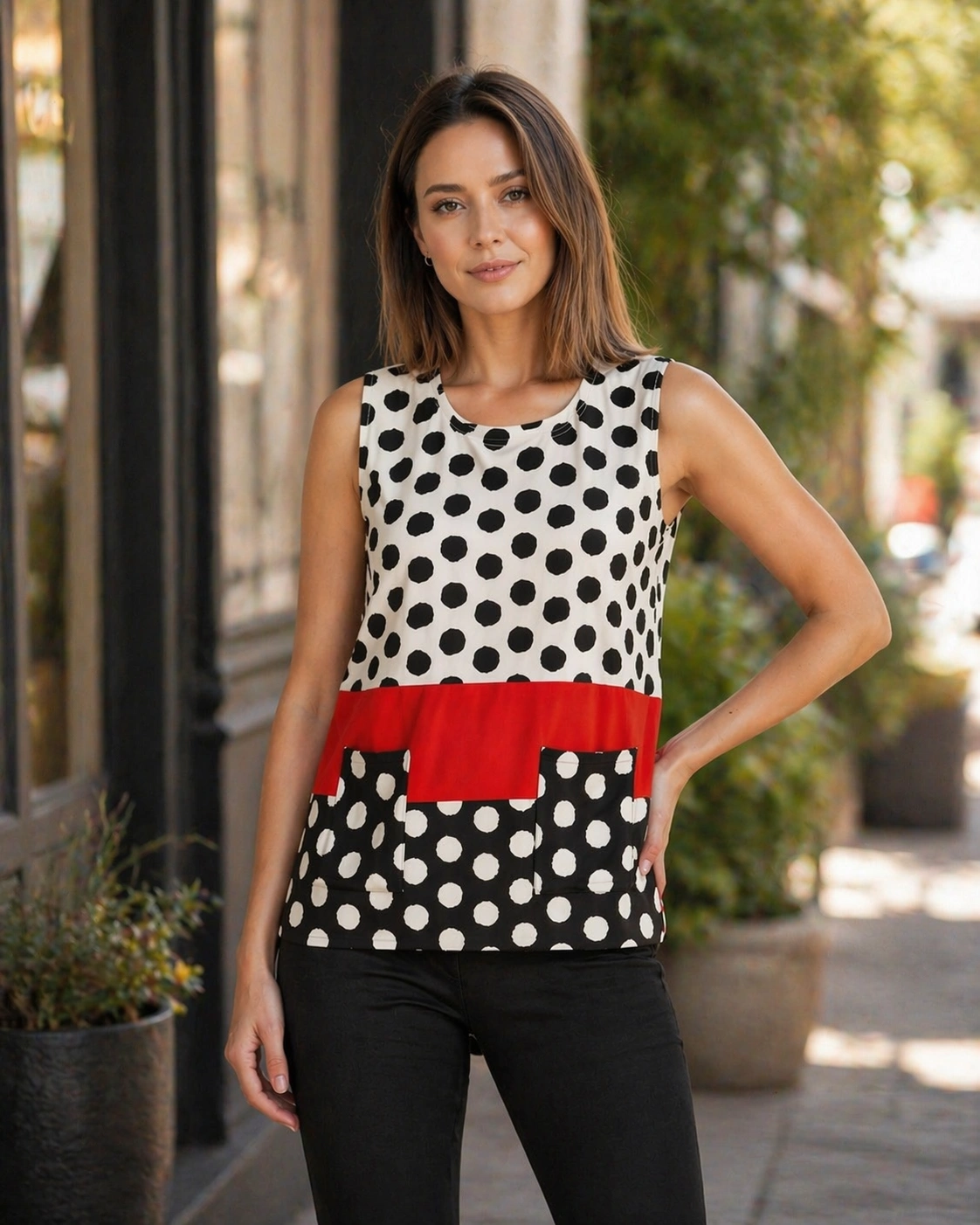 Colorblock Polka Dot Sleeveless Top with Pockets