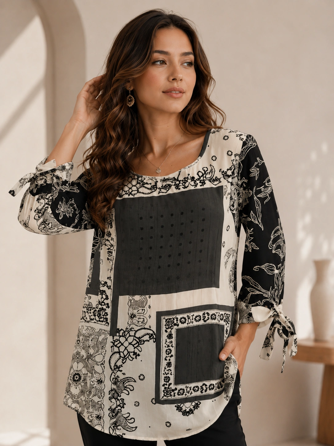Black & Cream Patchwork Print Tunic Blouse