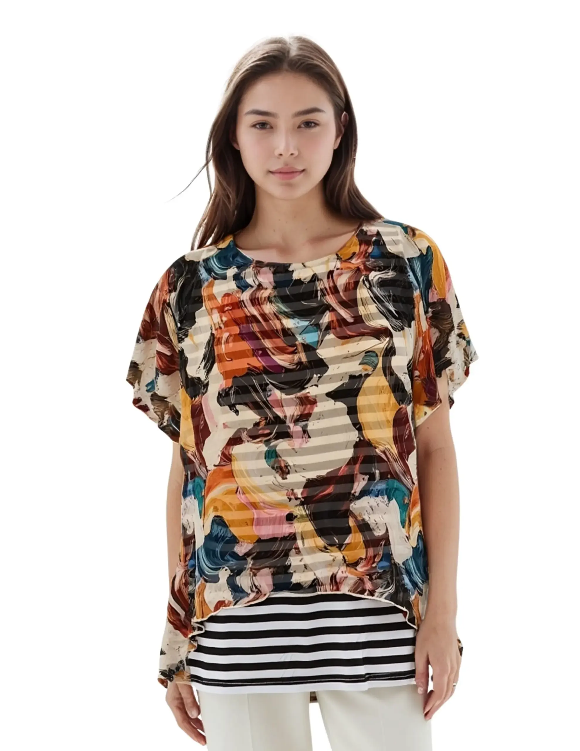 Abstract Brushstroke Print Boxy Top with Stripe Trim