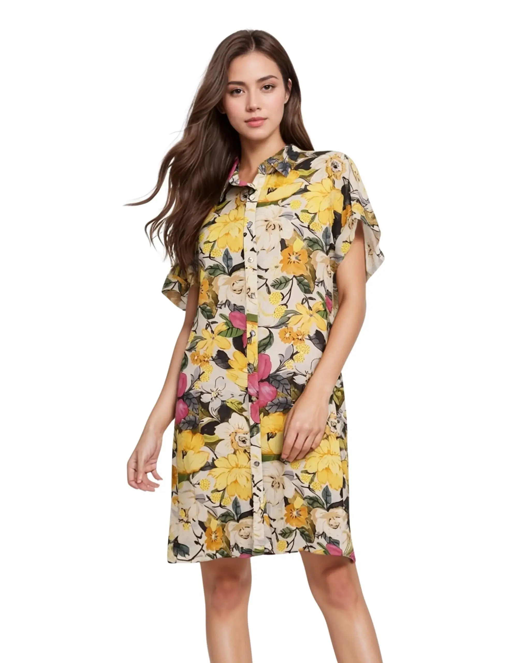 Yellow Floral Dolman Sleeve Shirt Dress