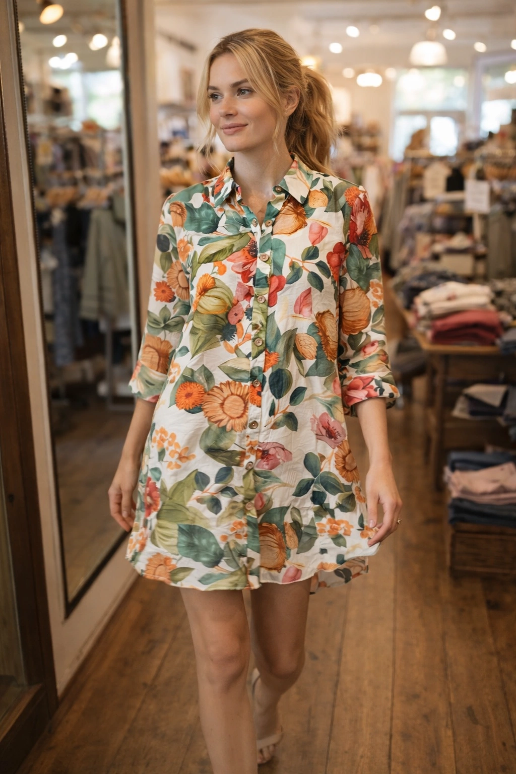 Hawaiian Floral Shirt Dress with Button Front