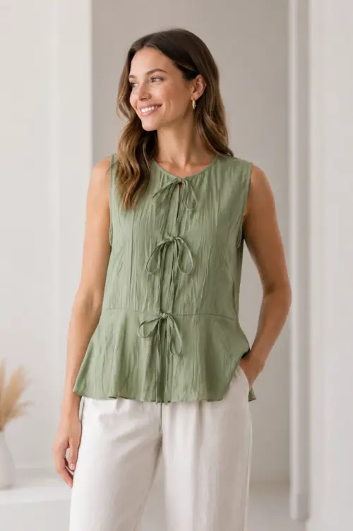 Sage Green Crinkle Tie-Front Peplum Top