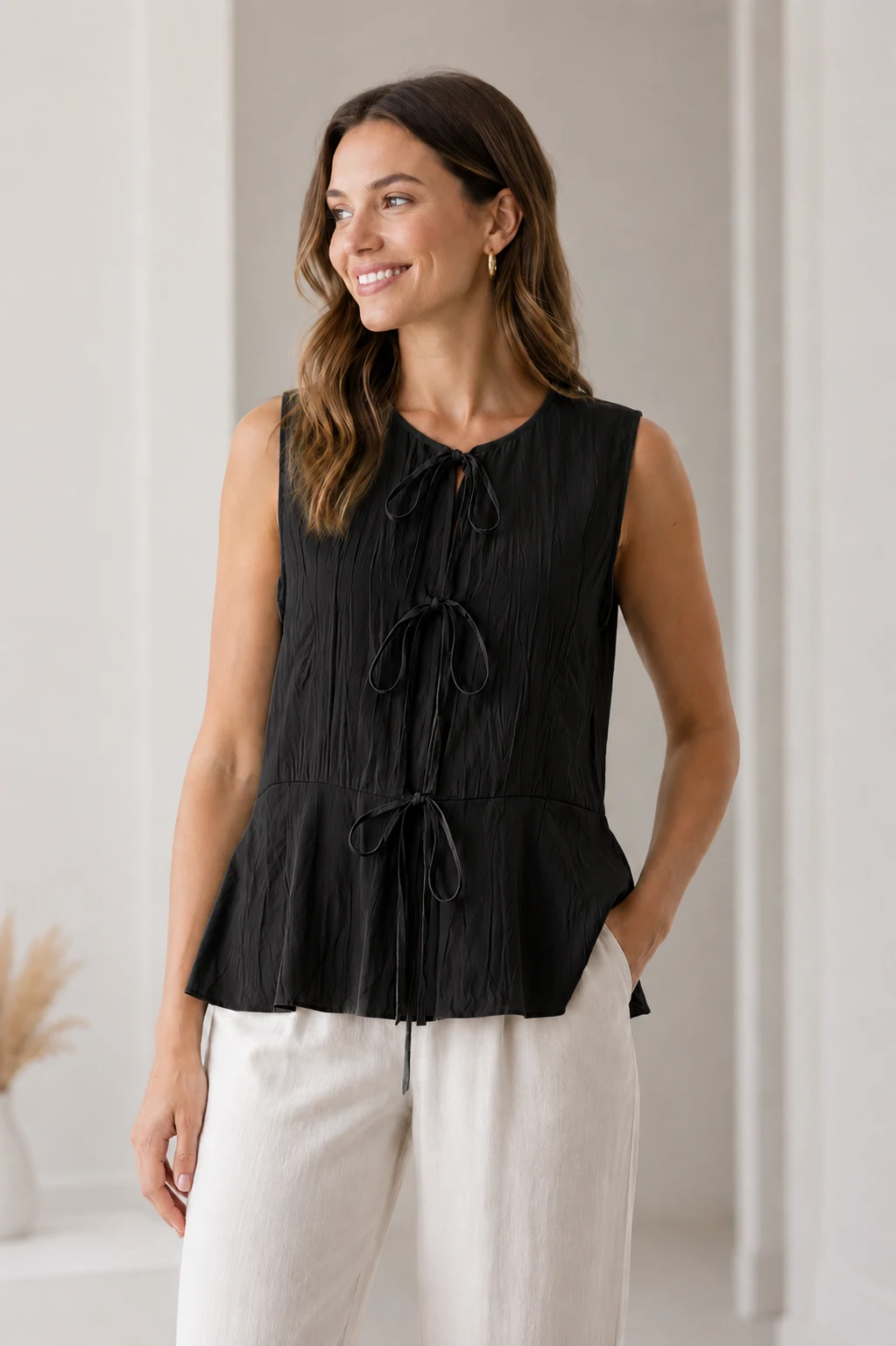 Black Crinkle Tie-Front Peplum Top