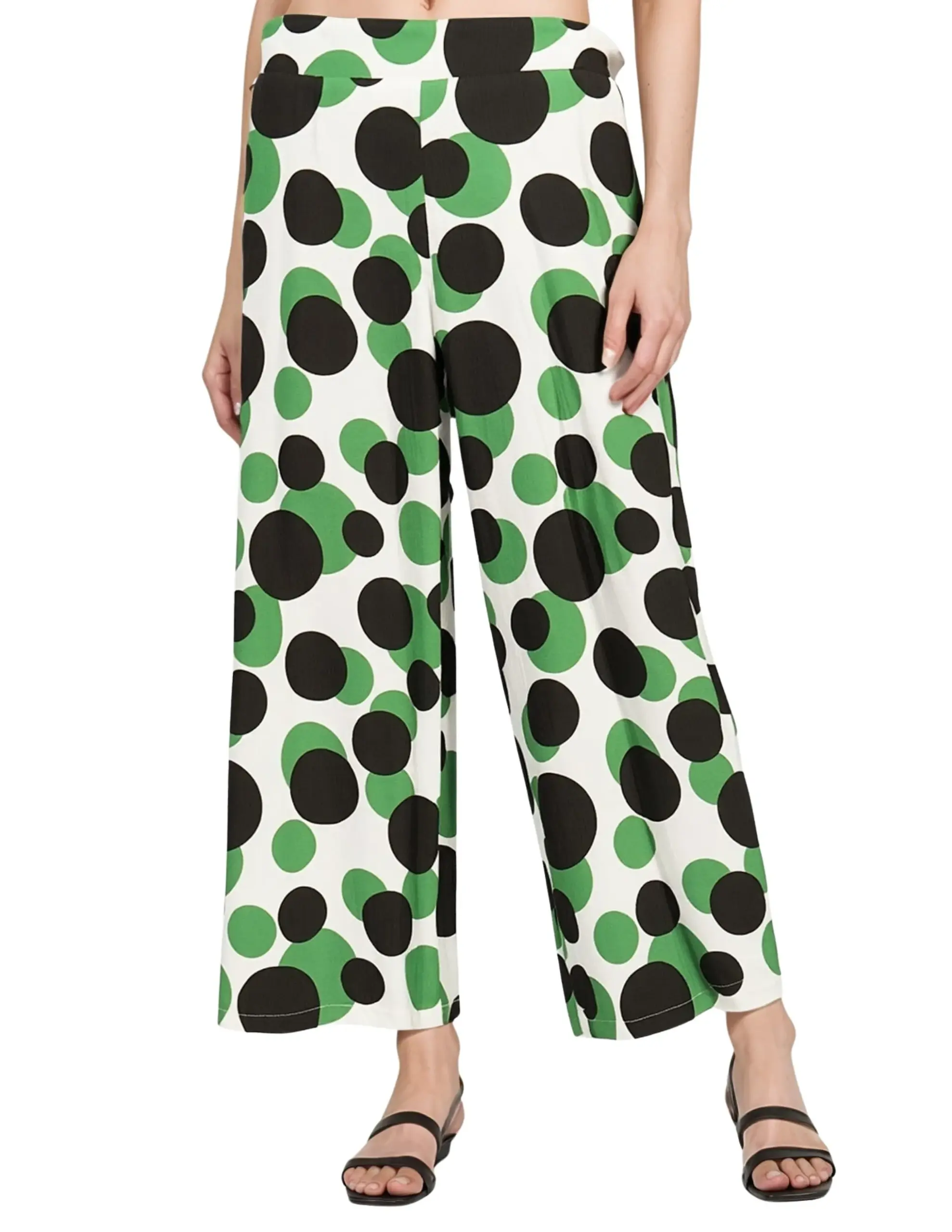 Green Polka Dot Wide-Leg Cropped Pants