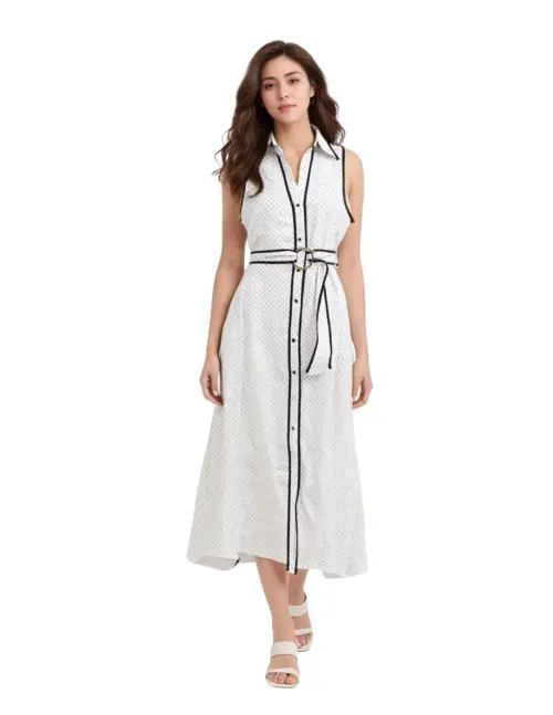 Polka Dot Belted Shirt Dress with Contrast Piping