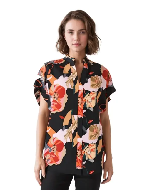 Botanical Floral Tie-Neck Blouse with Flutter Sleeves