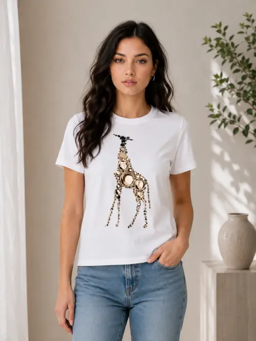 Giraffe Graphic Cotton Tee with Sequin Detail