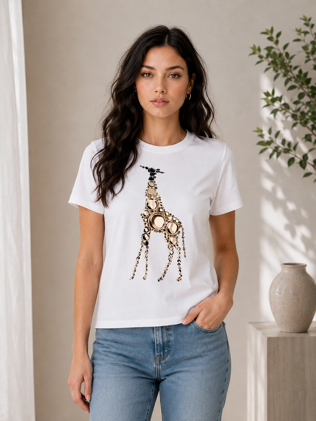 Giraffe Graphic Cotton Tee with Sequin Detail