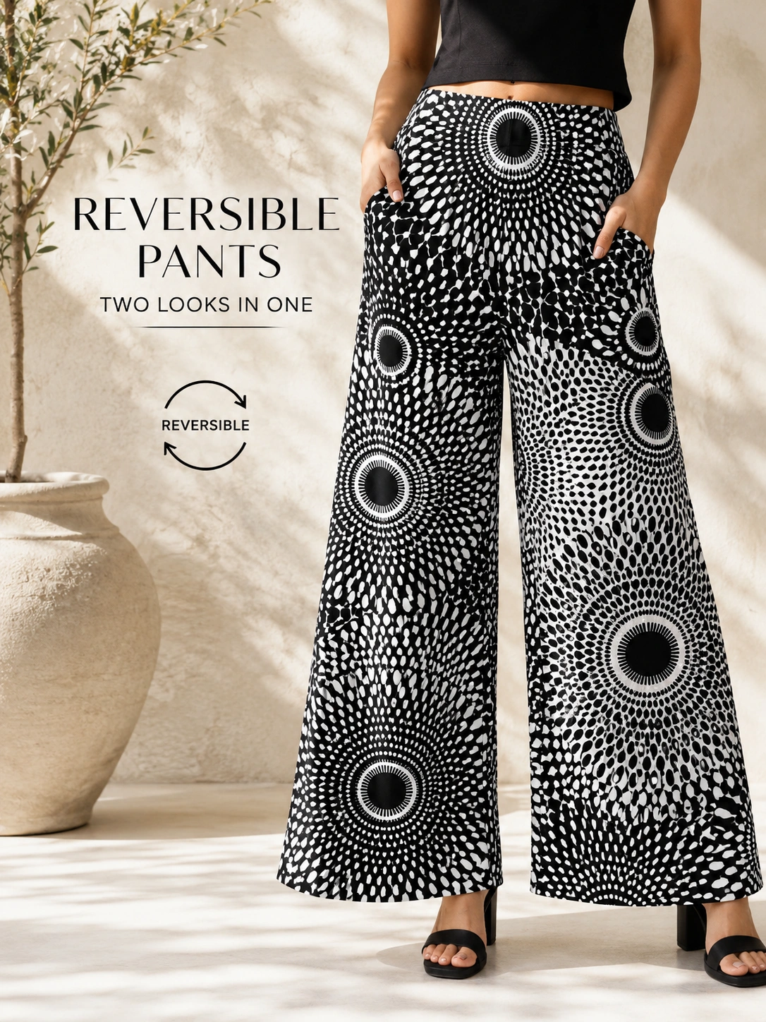 Reversible Wide-Leg Pants in Black & White Dot Print