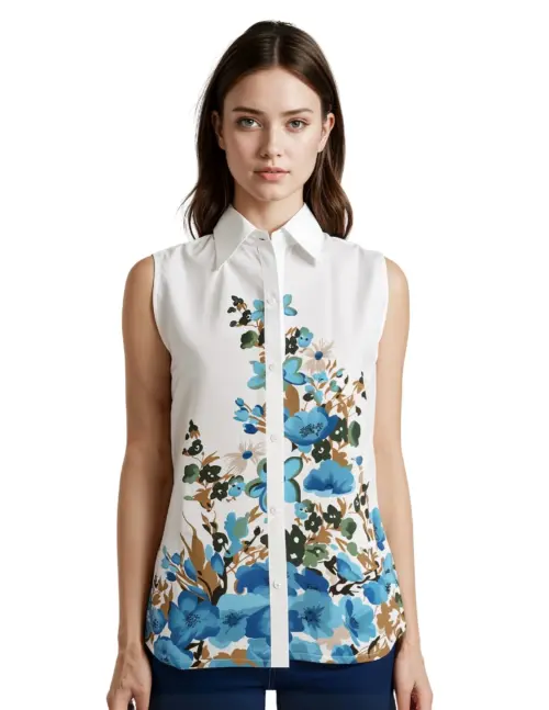 White Botanical Floral Sleeveless Button-Down Shirt