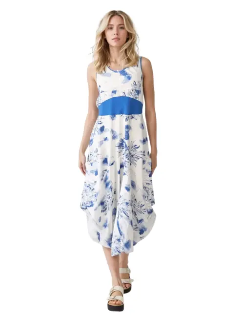 Blue Watercolor Floral Handkerchief-Hem Dress