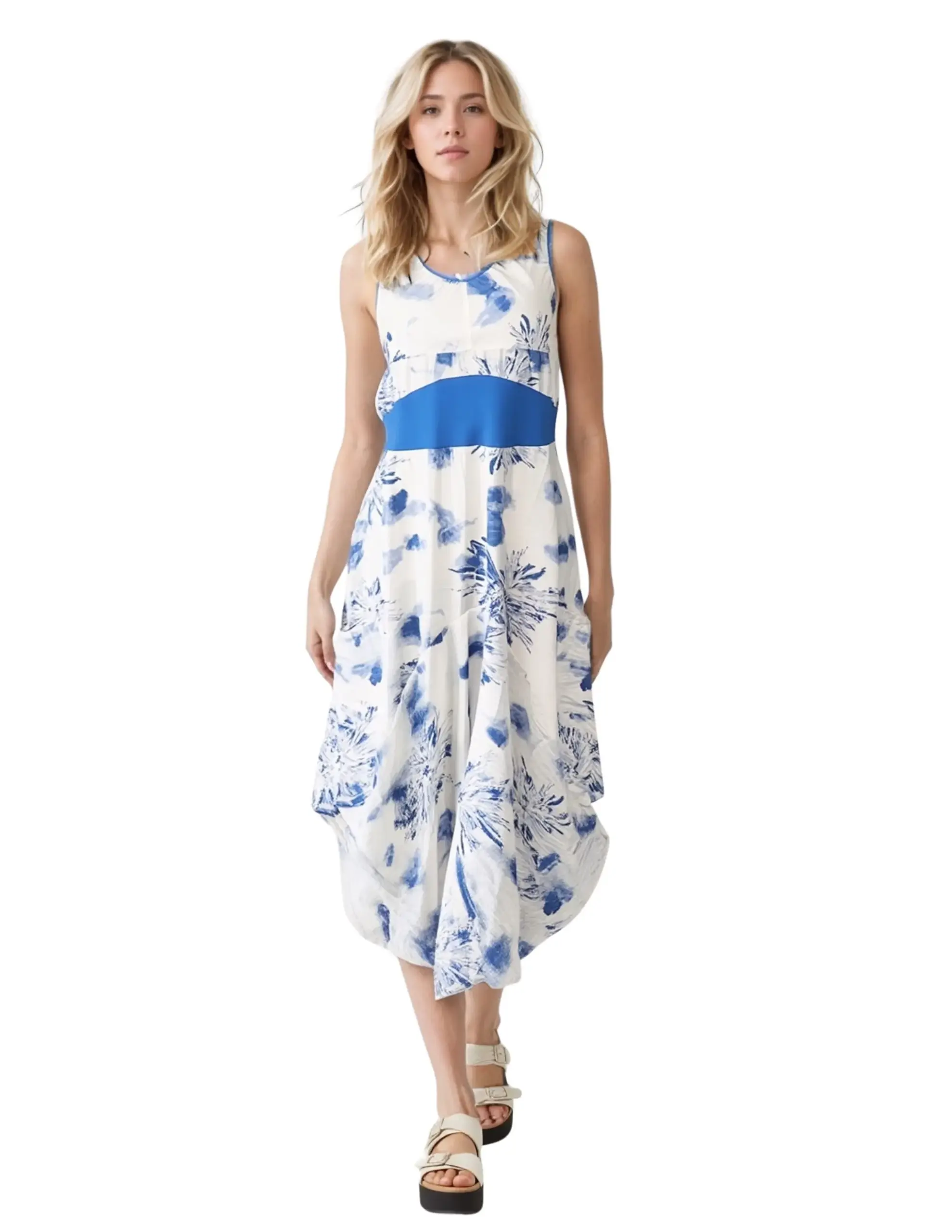 Blue Watercolor Floral Handkerchief-Hem Dress