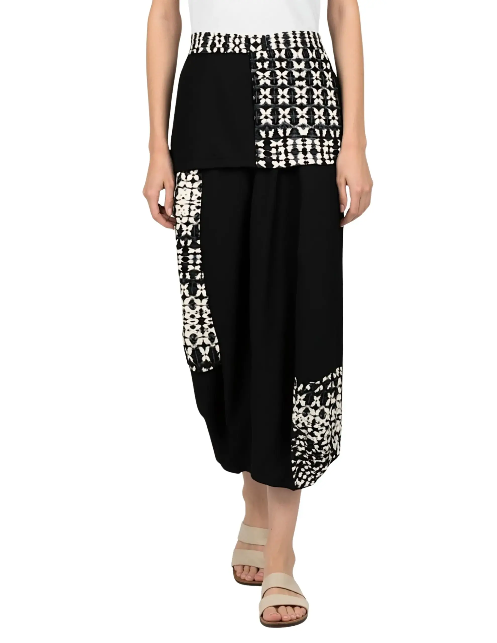 Black Colorblock Wide-Leg Pants with Print Inserts