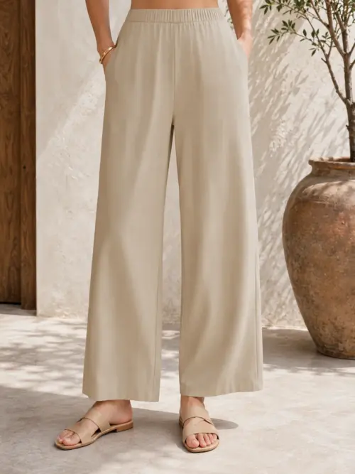 Taupe Wide-Leg Pants with Drawstring Waist