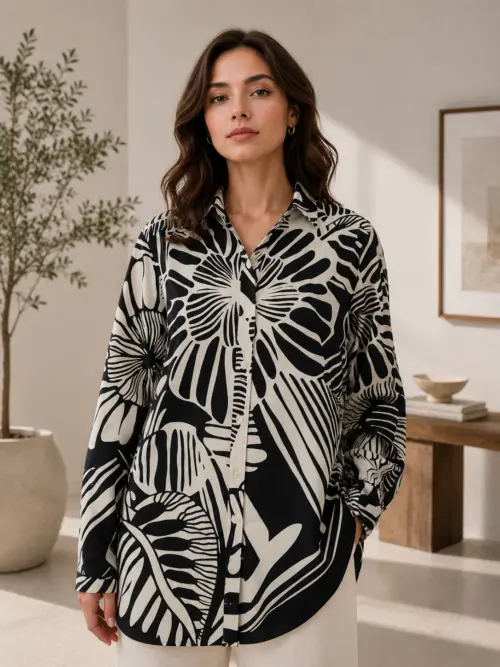 Black & White Botanical Print Cotton Shirt