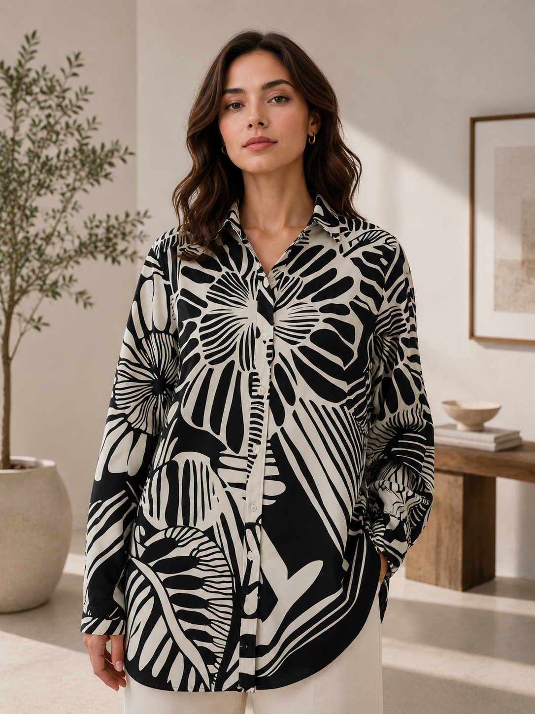 Black & White Botanical Print Cotton Shirt