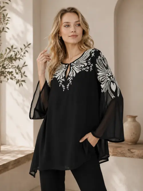 Black Floral Yoke Tunic with Bell Sleeves