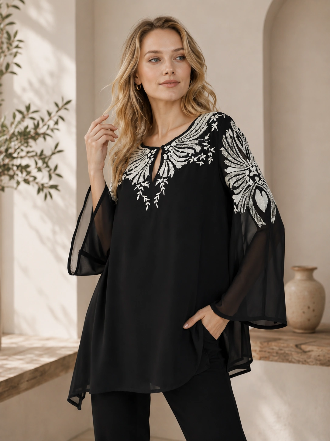 Black Floral Yoke Tunic with Bell Sleeves